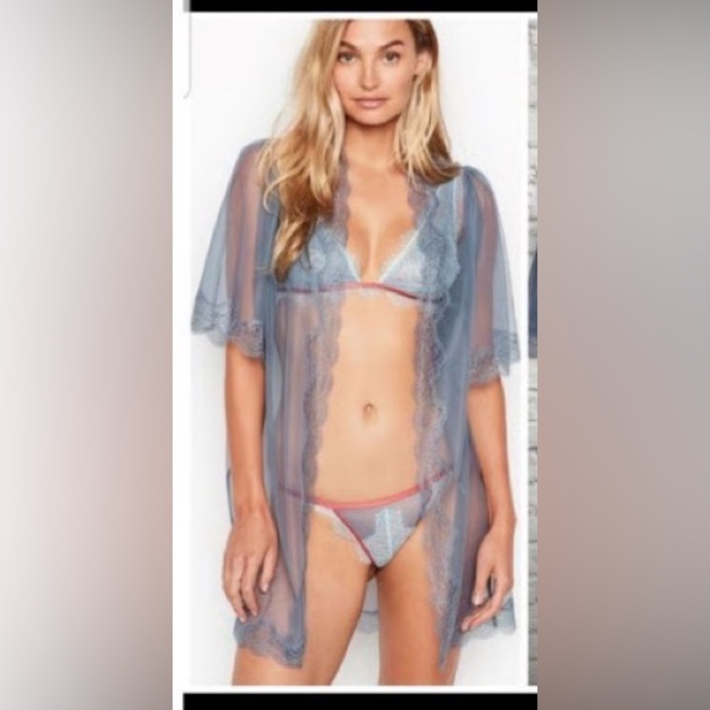 Victoria's Secret sheer mesh and lace robe xs NWT denim blue - Picture 1 of 3